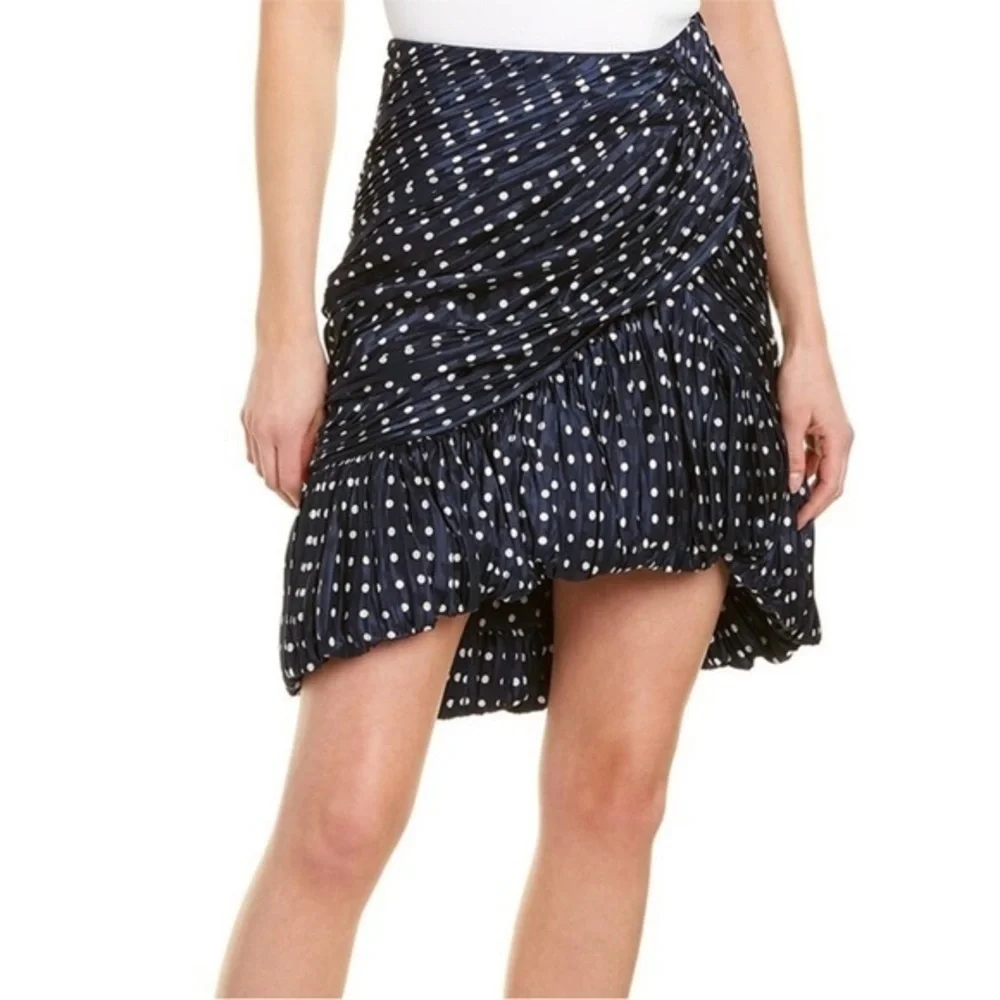 Tory Burch Bubble Skirt Side Ruched Mini in Navy Polka Dot Satin Silk